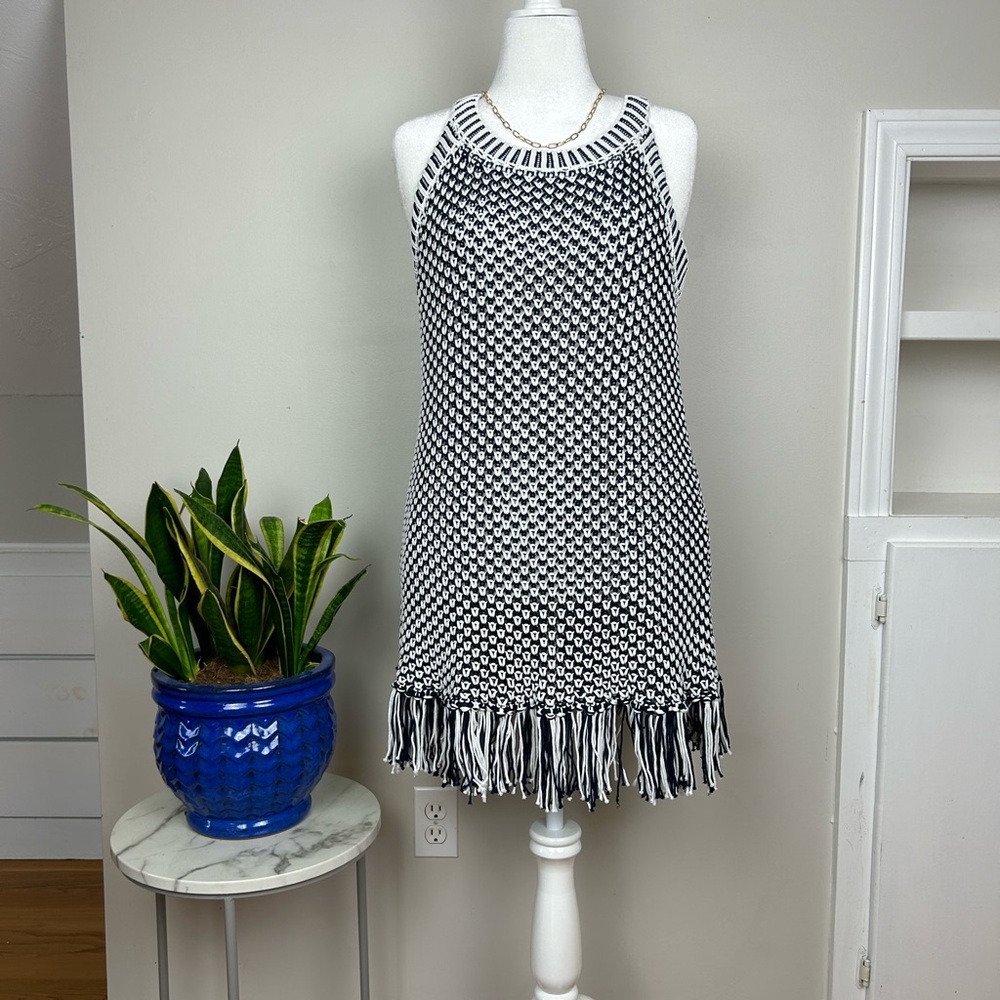 SOFT SURROUNDINGS Bambado Blue White Crochet Knit Fringe Halter Tank Mini Dress